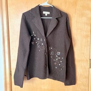 Linden Hill Cardigan Sweater Womens Medium Brown 100% Wool Embroidered Sequin